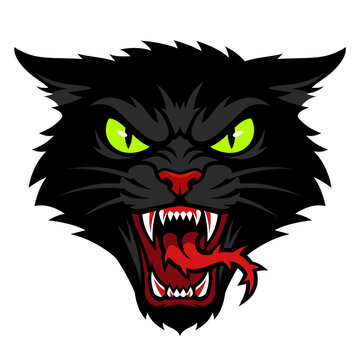 Demonic Feral Black Cat Hissing Flat Vector Icon
