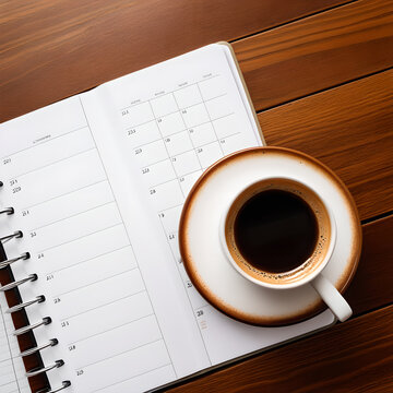 Coffee ring stain on a wooden desk beside a closed planner
