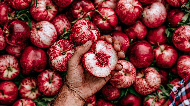 Human hand holding a cut red peach revealing juicy texture and stone inside with close