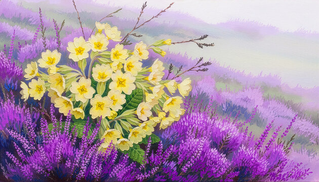 Yellow primroses in oil painting for spring landscape design.