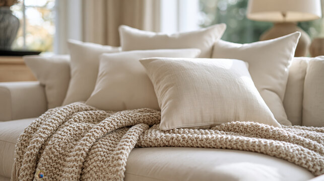 Couch pillow blanket neutral beige soft cozy interior living home couch pillow blanket neutral beige soft cozy interior living home comfort decorative textile warmth daylight window modern