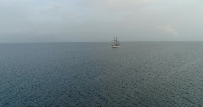 Aerial view of the training ship Buque Escuela Simon Bolivar sailing on the open sea near the Los Roques archipelago in Los Roques, Dependencias Federale, Venezuela.