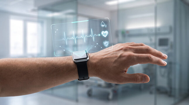 Smartwatch health monitoring with ECG and blood oxygen tracking in modern hospital setting