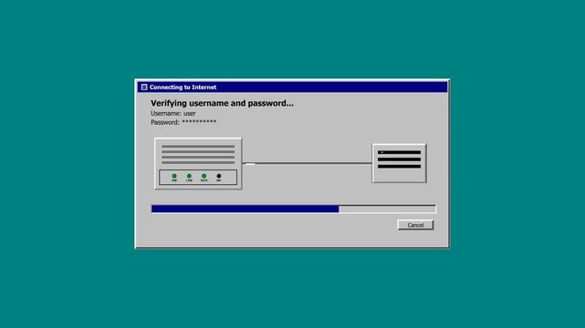 Premium retro-computer motion graphic showing the nostalgic process of connecting to the internet through a classic dial-up modem.