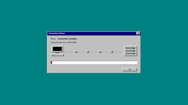 Nostalgic early-2000s desktop system notification showing an established network connection suddenly becoming unstable and then being disconnected.