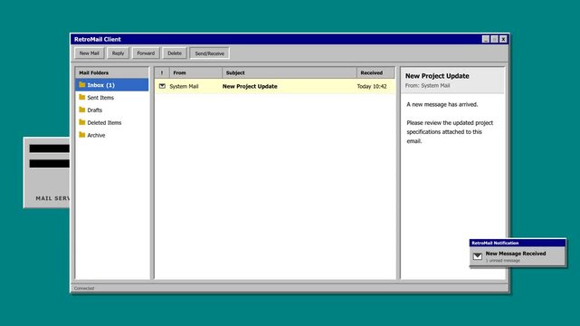 Retro-inspired desktop email client showing a new message traveling from a generic mail server into an inbox. The incoming envelope triggers the inbox count, new message row, preview content, and desk