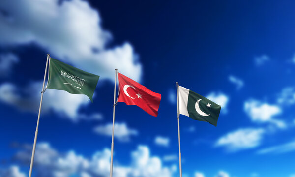 saudi arabia turke pakistan country national flag blue sky cloudy background wallpaper copy space middle iran houthis sria israel crude oil energy power irak iran saudi arabia trkey pakistan border 