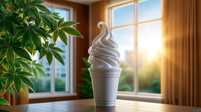 Swirled white soft serve ice cream in a clear cup on a wooden table near window
