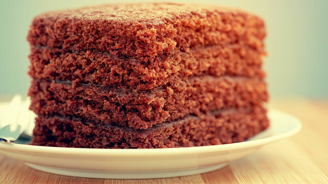 A single slice of moist chocolate layer cake on a plate with chocolate dessert