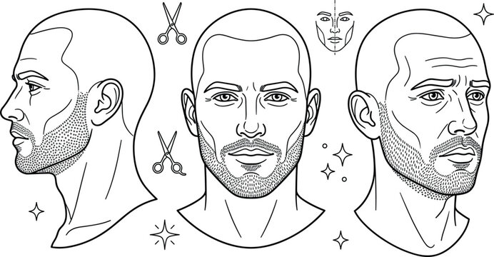 Men Shaved Head and Stubble Beard Vector Set with Various Angles for Barbershop Haircut Styles and Men Grooming Graphic Designs