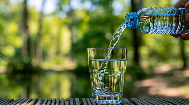 Pouring fresh water into a glass in a lush green park with drinking water