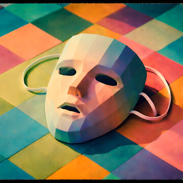 Abstract White Low Poly Human Face Mask Resting on Colorful Geometric Checkered Floor Background