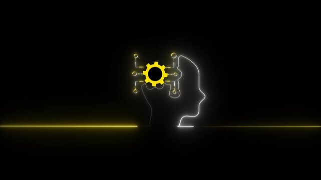 Neon glowing man had setting circuit icon animation on black background 4k video.