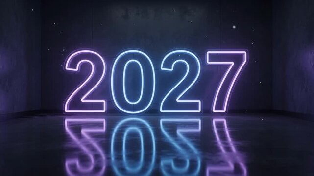 Glowing neon 2027 sign with floor reflection in a dark modern room for New Year celebration