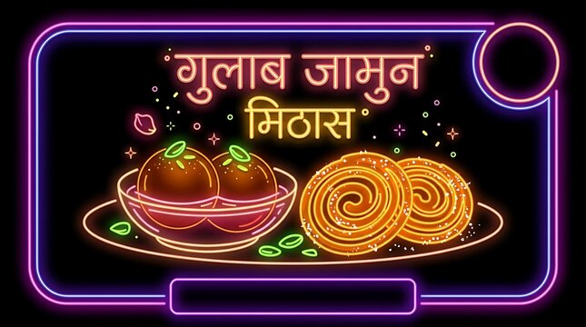 Sweet Gulab Jamun and Jalebi Midnight Neon Glow: Golden Saffron Indian Desserts with Glowing Devanagari Lights