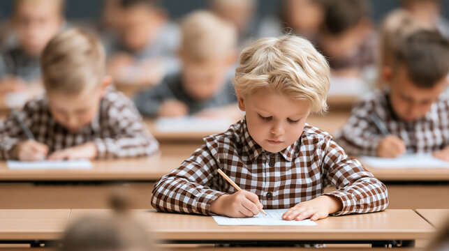 Young blonde schoolboy writing in his notebook during a lesson in a crowded classroom