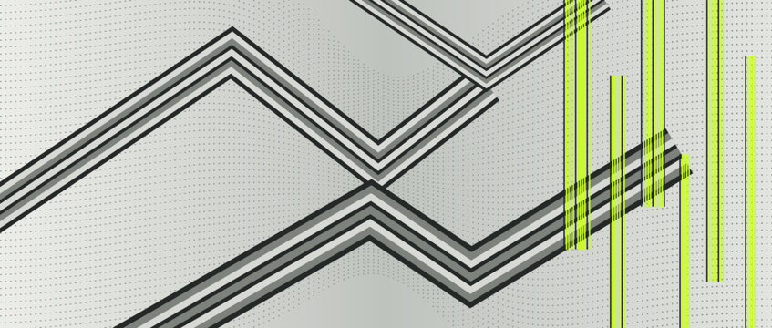 Abstract optical grid background with wavy dither transitions, technical grey gradient halftone texture, sharp chevron beams and vertical neon lime striped bars