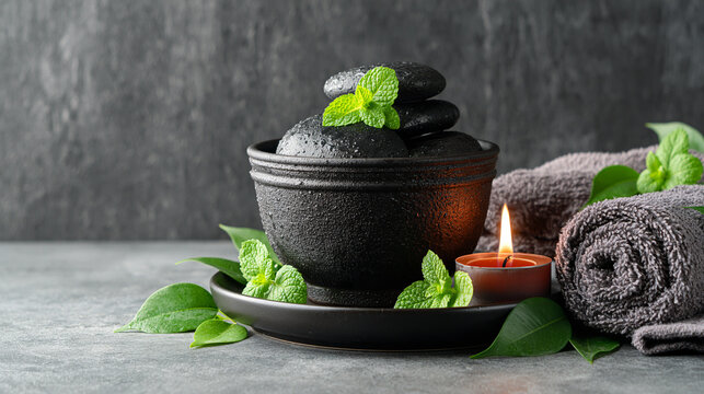 Spa concept with dark stone massage bowls and fresh mint leaves massage stones spa day
