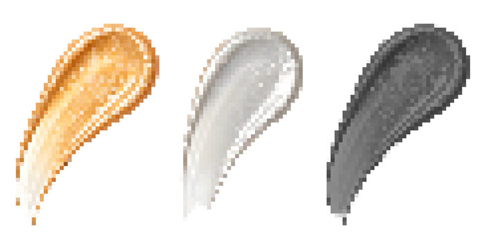 Pixelated glossy shimmering liquid swatches of makeup and cosmetic, isolated on transparent background
