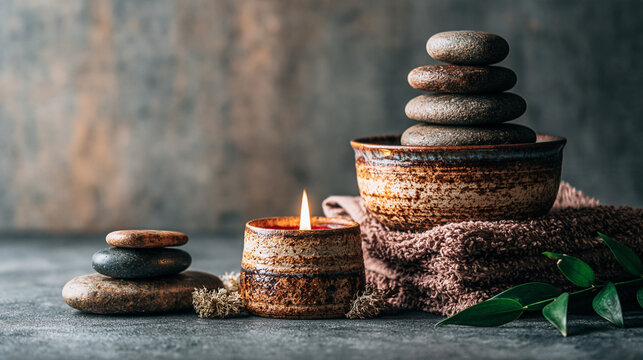 Spa wellness setup with balanced stone cairn and lit candle massage stones stacked stones