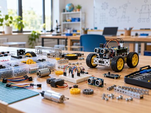 Organized STEM learning station with modular robotics parts, sensors, gears and engineering tools for practical science and technology education.