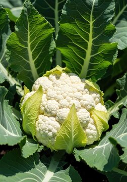 A fresh white cauliflower head matures in a lush green garden bed, surrounded by large protective leaves under bright natural sunlight, maturity, ecosystem, plant