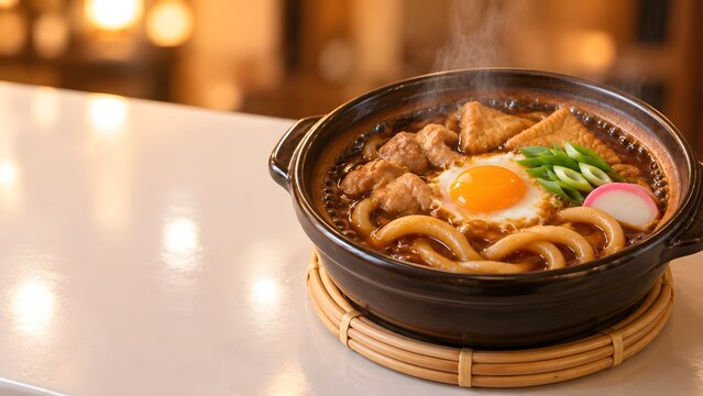 黒い土鍋の名古屋の味噌煮込みうどん 店の灯りに照らされた冬の和食
