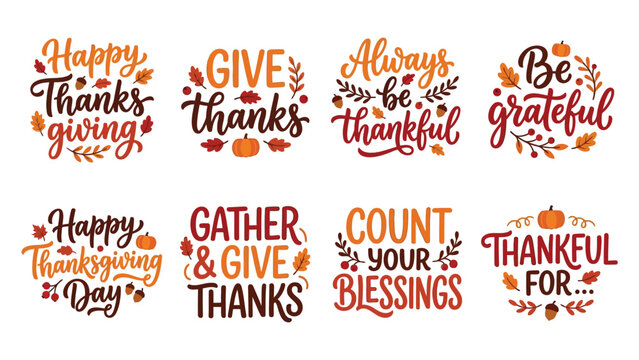 Colorful thanksgiving gratitude vector illustrations with autumn leaves