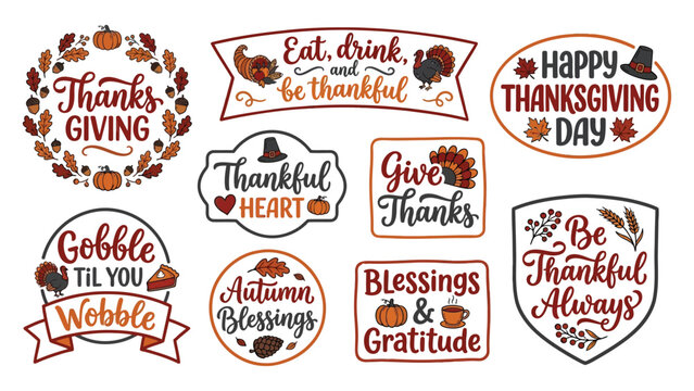 Happy thanksgiving vector stickers set with autumn illustrations