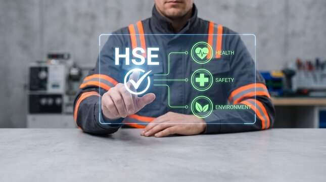 Industrial Worker Interacting with HSE Virtual Interface, Health Safety Environment Standard Compliance in Factory Workshop, Occupational Hazard Prevention and Protection Concept