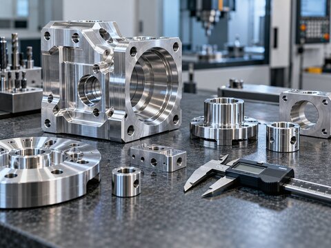 Precision machined aluminum components and digital caliper on an industrial inspection bench, representing advanced manufacturing and quality control.