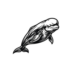 Fototapeta premium Black and white illustration of a tough looking beluga whale swimming in a cool mascot style