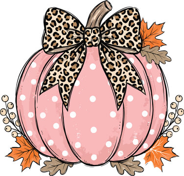 Pink polka dot pumpkin with leopard print bow for autumn harvest design