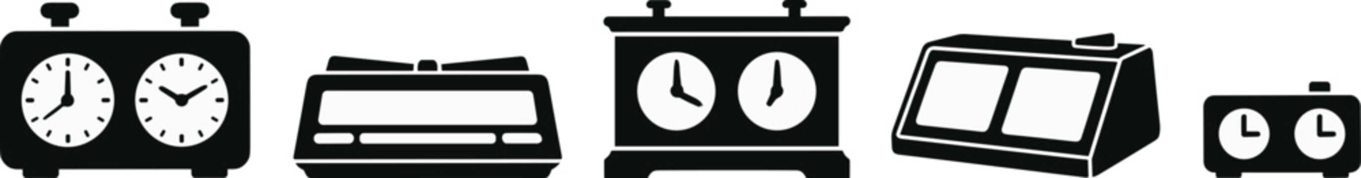 Chess clock silhouette vector icon set featuring analog digital tournament timer game match competition sporting graphic elements