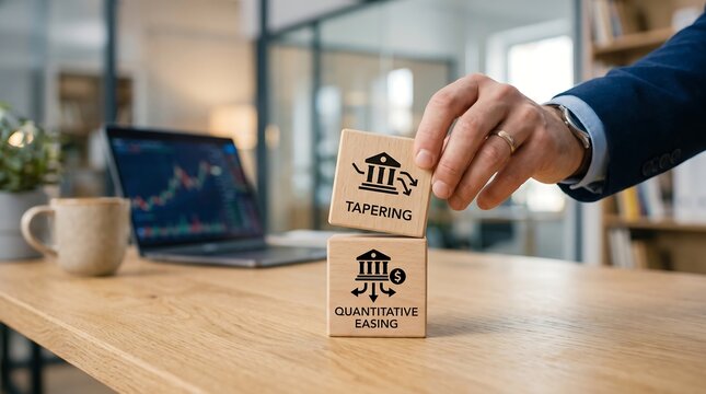 Businessman stacking wooden blocks with tapering and quantitative easing labels on office desk