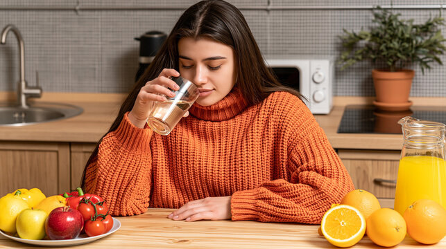 Woman drinking water at kitchen table with fruit nearby orange sweater wooden table