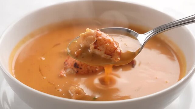 Delicious close up stock footage of rich creamy lobster bisque soup served with juicy lobster meat on a spoon, perfect for seafood restaurant commercials and fine dining cooking content