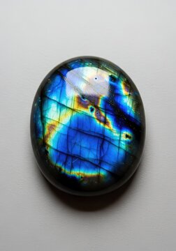 A stunning polished labradorite gemstone showcases a vibrant iridescent glow of deep blue and electric green flashes on a clean background, light, organic, mystical