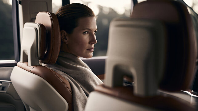 Woman looking out the window while riding in the back seat of a luxury car with window view
