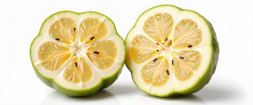 Cut tropical fruit showing star shape isolated on white for exotic recipe blogs, ingredient databases, nutrition guides, culinary education, cocktail garnishes, and grocery marketing