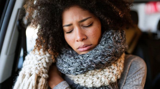 Unhappy woman with curly hair feeling cold and wrapped in a thick scarf