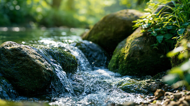 Small stream water flowing over mossy stones in a sunny forest with water flow