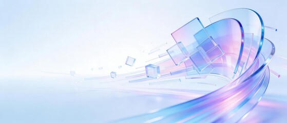 Naklejka na ściany i meble Transparent glass ribbons and geometric shapes with blue and pink gradient reflections, futuristic abstract background, idea for modern technology and innovative creative digital design