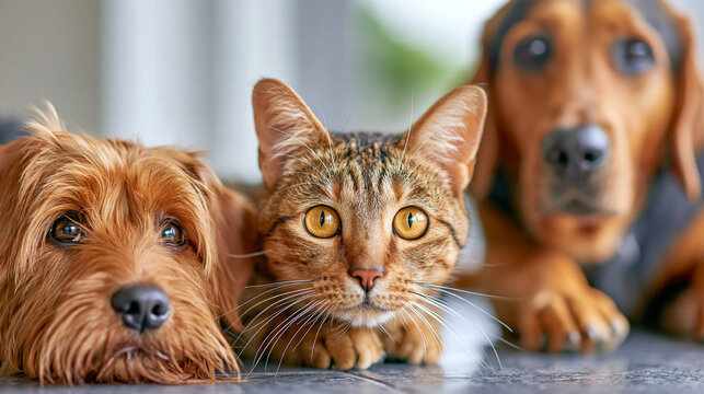 Domestic dog and cat posing together indoors with domestic companionship friendship