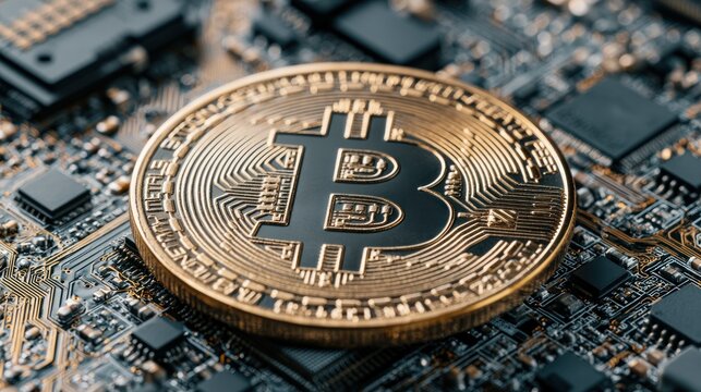 Digital cryptocurrency coin on electronic circuit board background