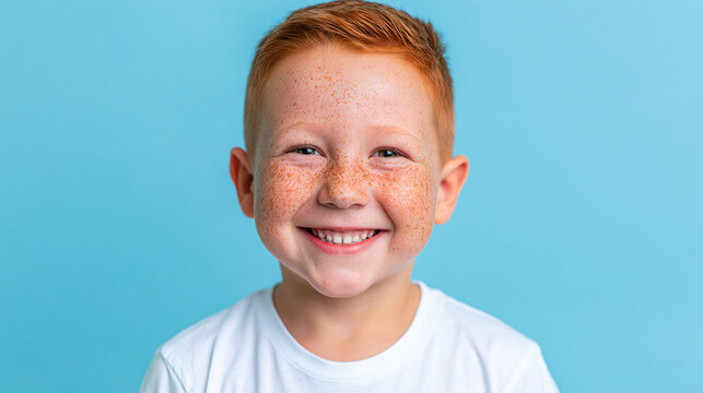 Happy young redheaded boy with freckles smiling brightly against a blue background