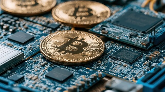 Digital currency coins on electronic circuit board