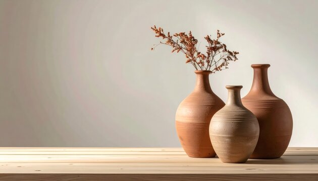 Earthenware vases with dried flowers on wooden table