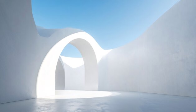 Abstract minimalist architecture with curved white walls and archways