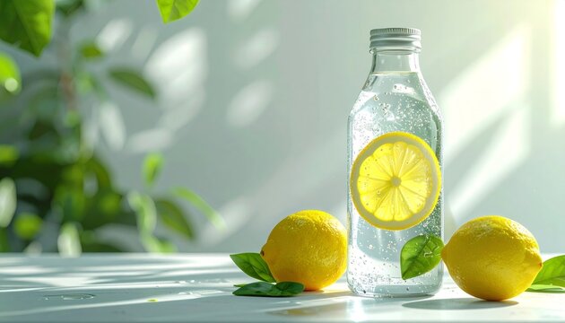 Refreshing lemon water bottle with fresh citrus fruits